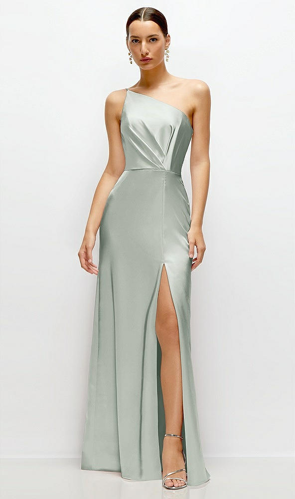 Front View - Willow Green Pleated One-Shoulder Satin Maxi Dress with A-Line Skirt