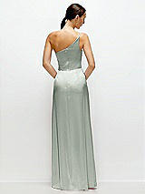 Rear View Thumbnail - Willow Green Pleated One-Shoulder Satin Maxi Dress with A-Line Skirt