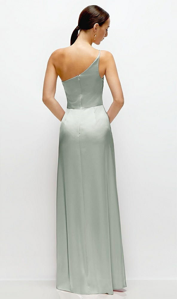 Back View - Willow Green Pleated One-Shoulder Satin Maxi Dress with A-Line Skirt