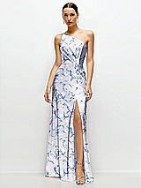 Front View Thumbnail - Magnolia Sky Floral Pleated One-Shoulder Satin Maxi Dress with A-Line Skirt