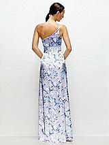 Rear View Thumbnail - Magnolia Sky Floral Pleated One-Shoulder Satin Maxi Dress with A-Line Skirt