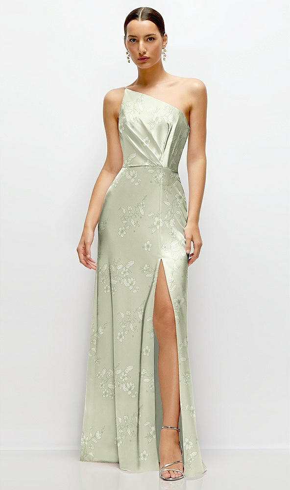 Front View - Vintage Primrose Celadon Floral Pleated One-Shoulder Satin Maxi Dress with A-Line Skirt