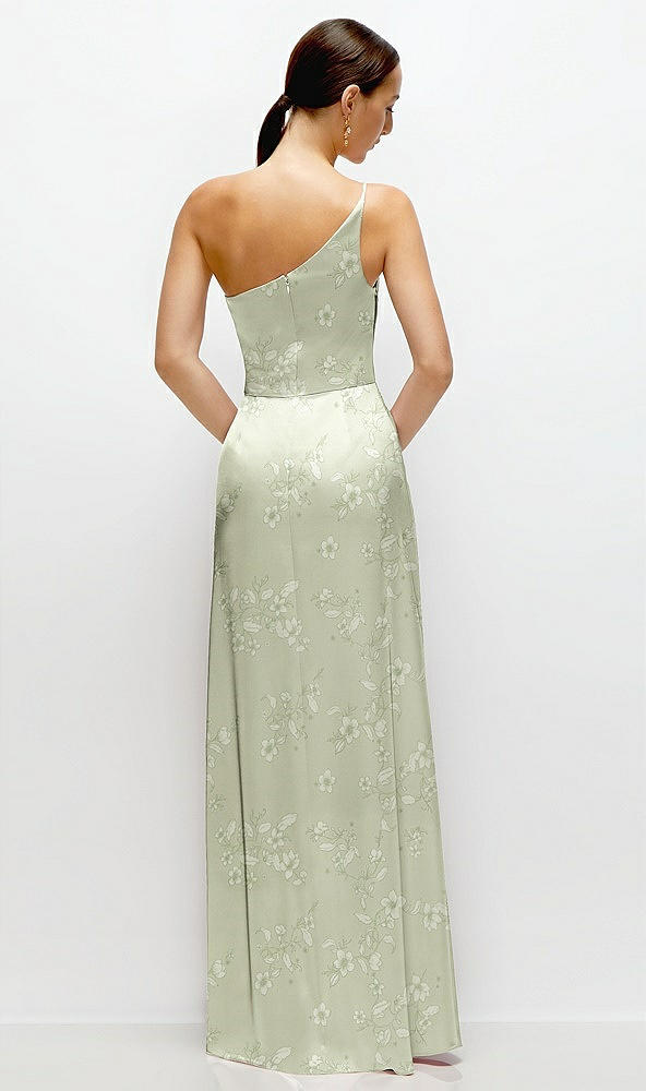 Back View - Vintage Primrose Celadon Floral Pleated One-Shoulder Satin Maxi Dress with A-Line Skirt