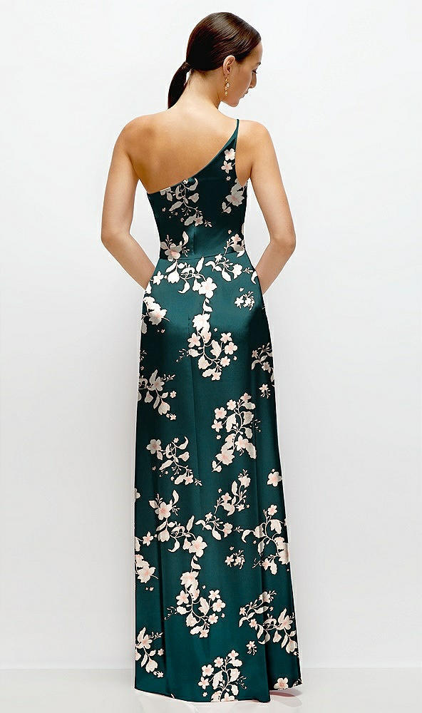 Back View - Vintage Primrose Evergreen Floral Pleated One-Shoulder Satin Maxi Dress with A-Line Skirt