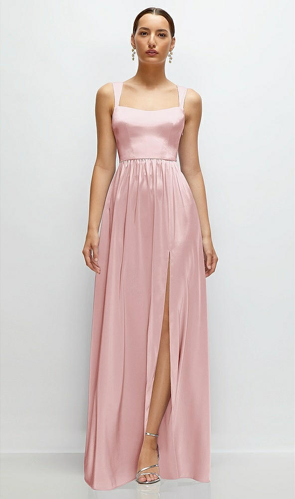 Front View - Ballet Pink Shaped Strap Portrait Neckline Fluid Satin Maxi Dress with Full Skirt