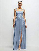 Front View Thumbnail - Cloudy Shaped Strap Portrait Neckline Fluid Satin Maxi Dress with Full Skirt