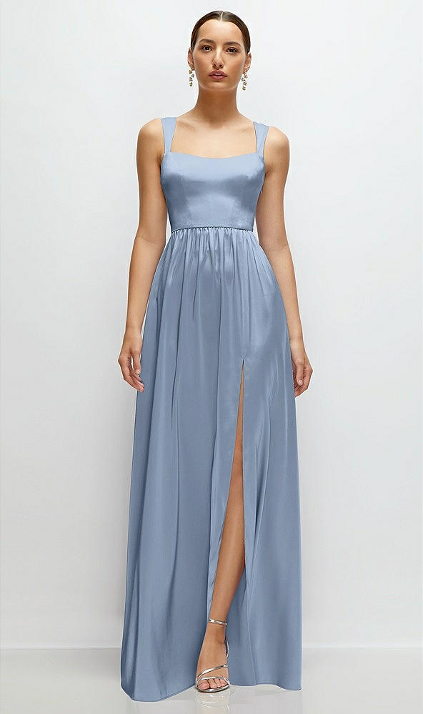 Front View - Cloudy Shaped Strap Portrait Neckline Fluid Satin Maxi Dress with Full Skirt