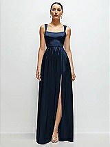 Front View Thumbnail - Midnight Navy Shaped Strap Portrait Neckline Fluid Satin Maxi Dress with Full Skirt