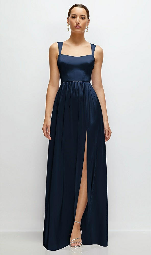 Front View - Midnight Navy Shaped Strap Portrait Neckline Fluid Satin Maxi Dress with Full Skirt