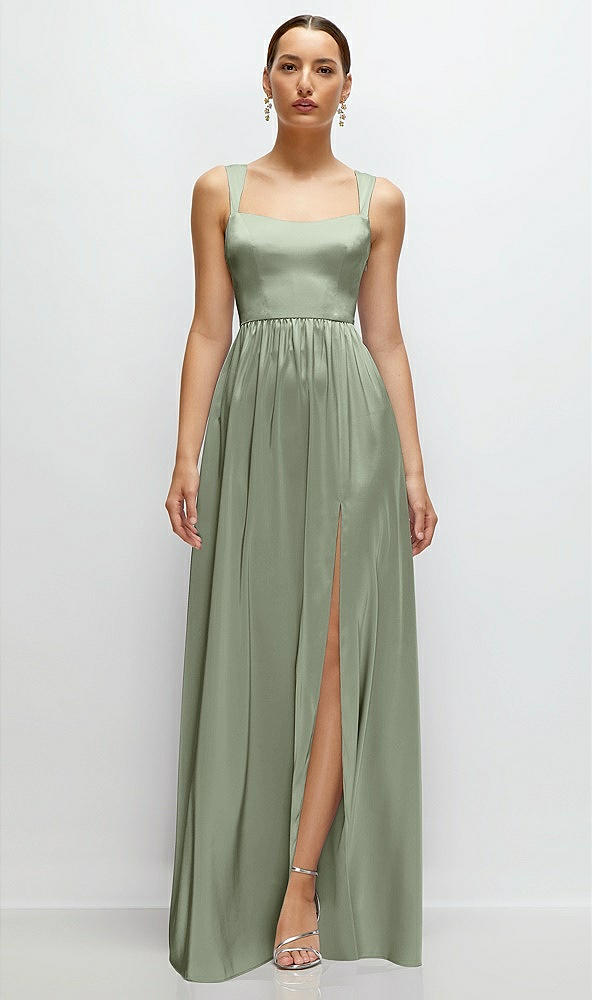 Front View - Sage Shaped Strap Portrait Neckline Fluid Satin Maxi Dress with Full Skirt