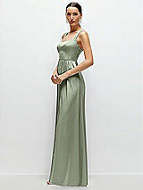 Side View Thumbnail - Sage Shaped Strap Portrait Neckline Fluid Satin Maxi Dress with Full Skirt