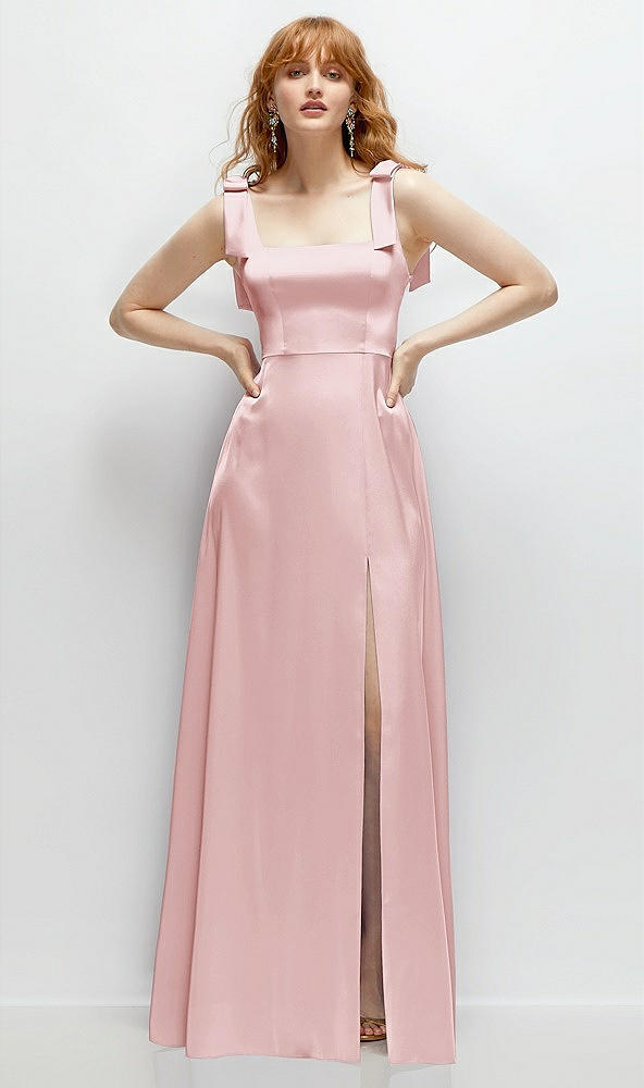 Front View - Ballet Pink Square Neck Fluid Satin Maxi Dress with Bow Straps 