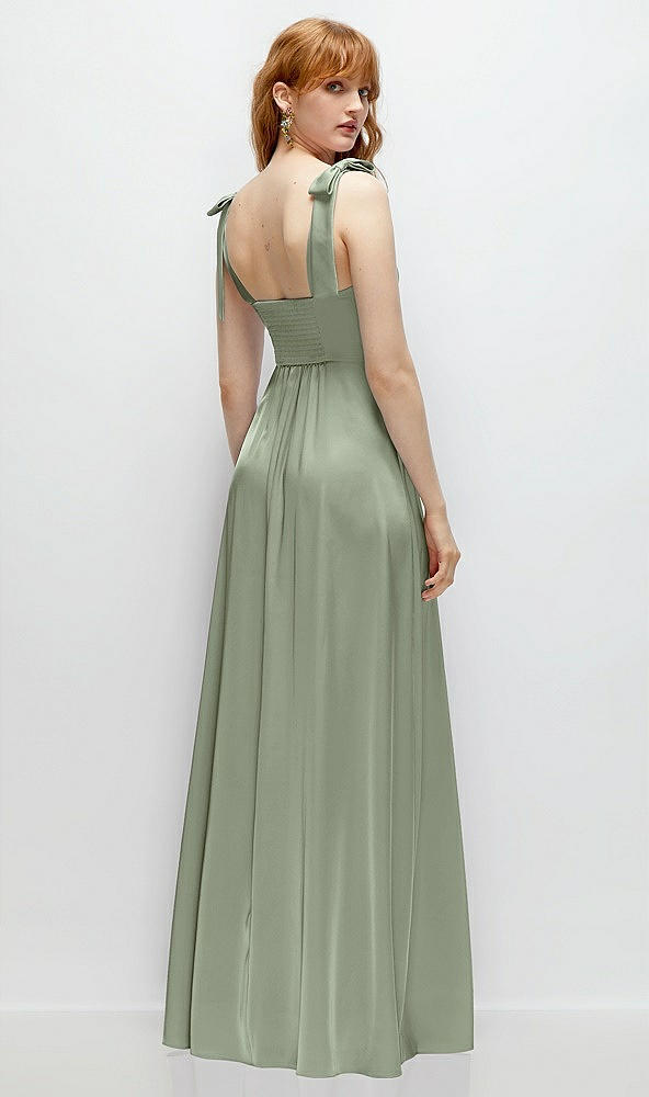 Back View - Sage Square Neck Fluid Satin Maxi Dress with Bow Straps 