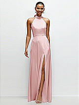 Front View Thumbnail - Ballet Pink Band Collar Halter Open Back Fluid Satin Maxi Dress with Self-Tie Bow