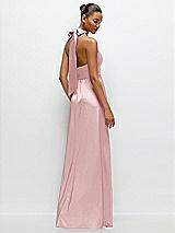 Rear View Thumbnail - Ballet Pink Band Collar Halter Open Back Fluid Satin Maxi Dress with Self-Tie Bow