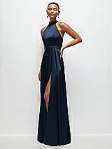 Side View Thumbnail - Midnight Navy Band Collar Halter Open Back Fluid Satin Maxi Dress with Self-Tie Bow