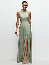 Front View Thumbnail - Sage Band Collar Halter Open Back Fluid Satin Maxi Dress with Self-Tie Bow