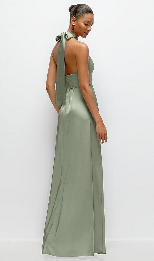 Back View - Sage Band Collar Halter Open Back Fluid Satin Maxi Dress with Self-Tie Bow