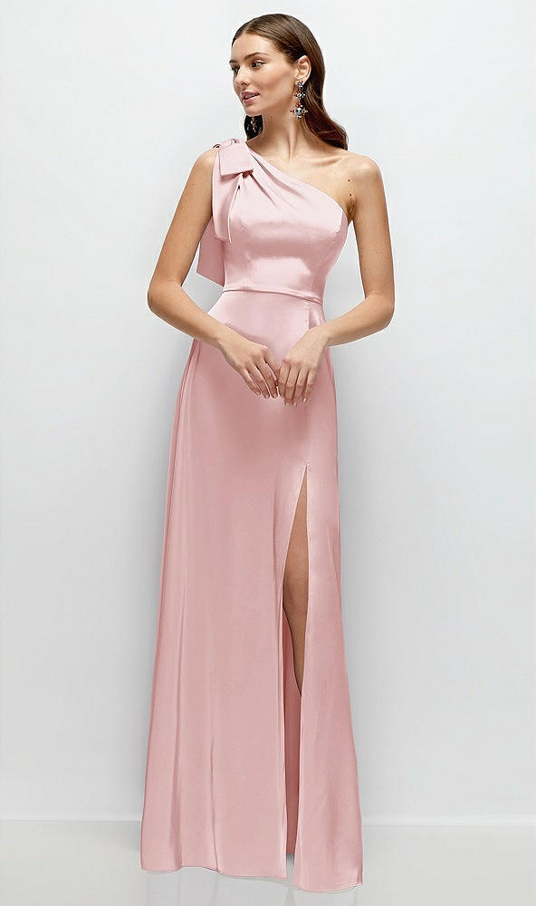 Front View - Ballet Pink Bow One-Shoulder Fluid Satin Maxi Dress with Full Skirt