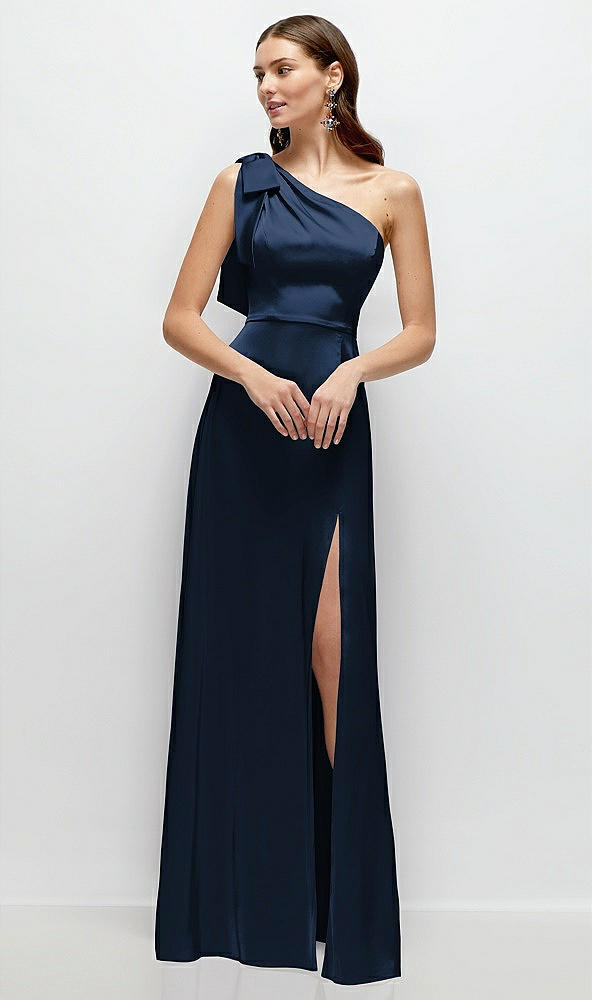 Front View - Midnight Navy Bow One-Shoulder Fluid Satin Maxi Dress with Full Skirt