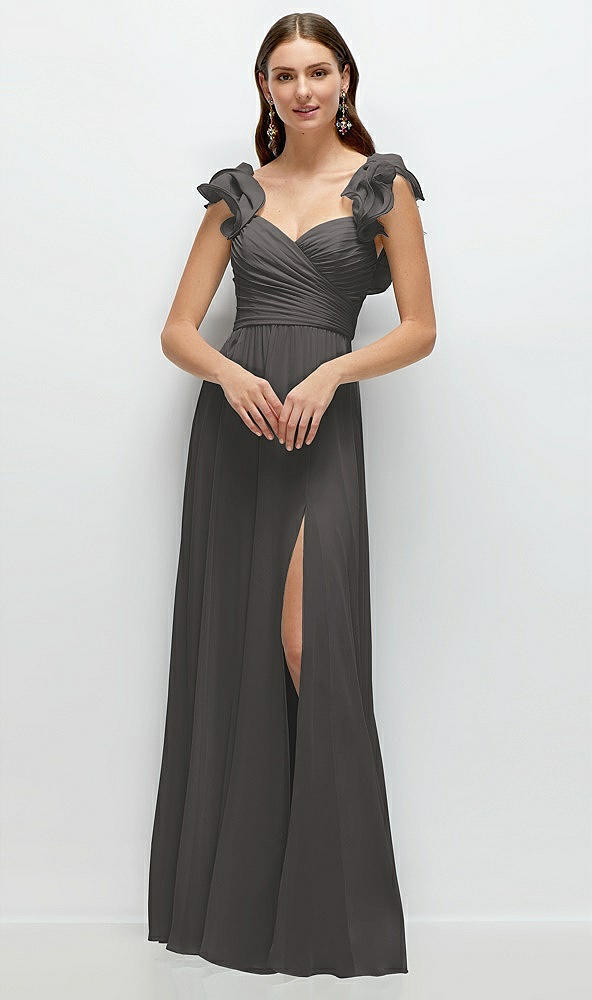 Front View - Caviar Gray Dramatic Ruffle Edge Strap Chiffon Maxi Dress