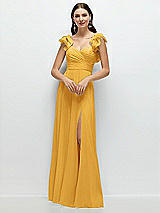 Front View Thumbnail - NYC Yellow Dramatic Ruffle Edge Strap Chiffon Maxi Dress