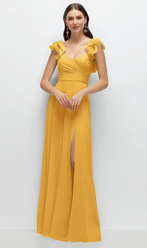 Front View - NYC Yellow Dramatic Ruffle Edge Strap Chiffon Maxi Dress