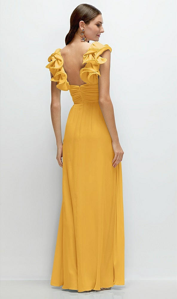 Back View - NYC Yellow Dramatic Ruffle Edge Strap Chiffon Maxi Dress