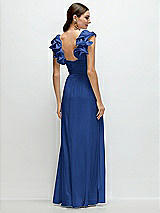 Rear View Thumbnail - Classic Blue Dramatic Ruffle Edge Strap Chiffon Maxi Dress