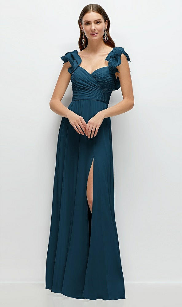 Front View - Atlantic Blue Dramatic Ruffle Edge Strap Chiffon Maxi Dress