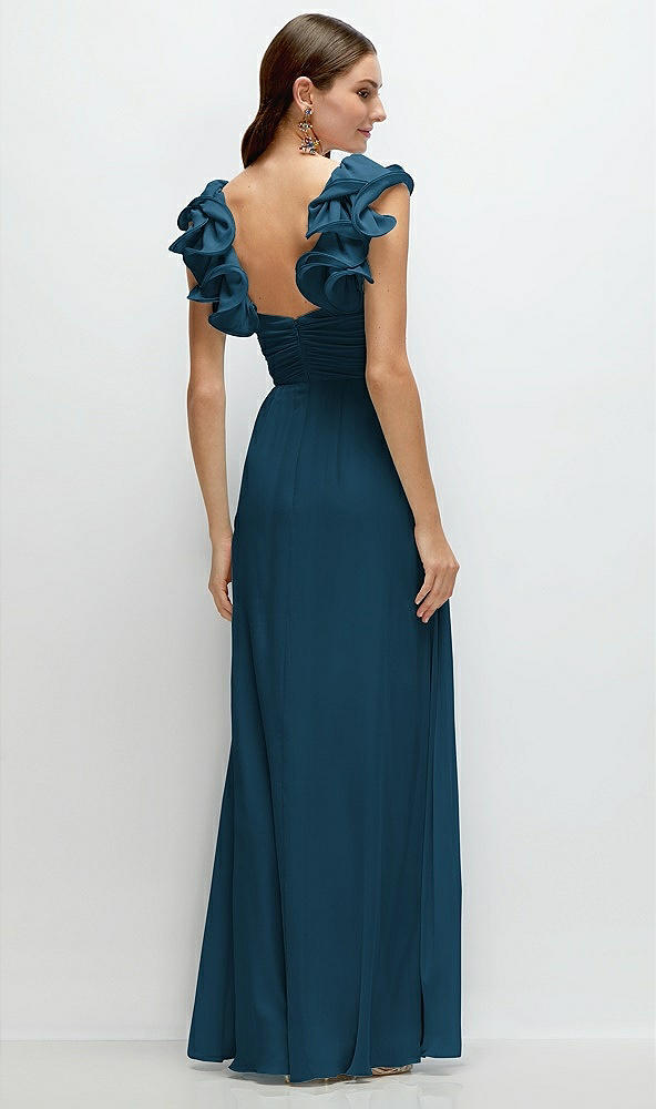 Back View - Atlantic Blue Dramatic Ruffle Edge Strap Chiffon Maxi Dress