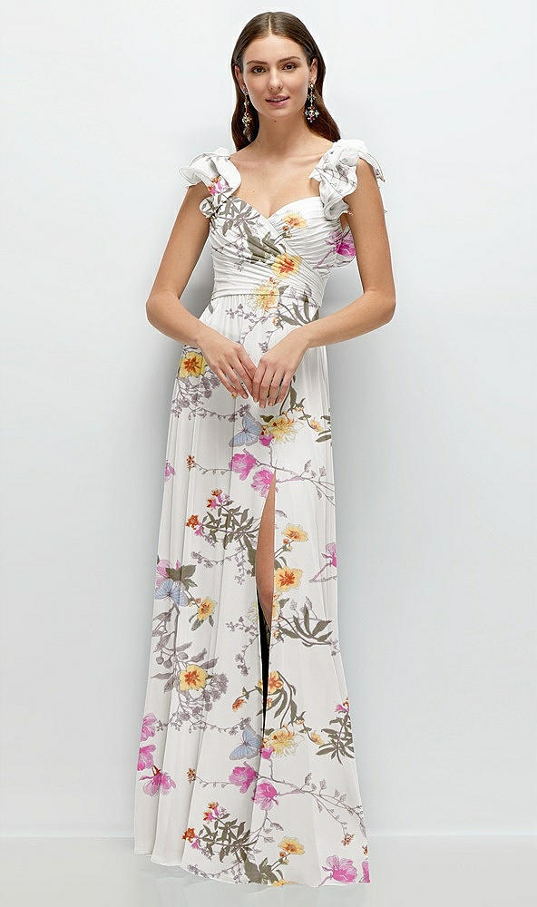 Front View - Butterfly Botanica Ivory Dramatic Ruffle Edge Strap Chiffon Maxi Dress