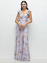 Front View Thumbnail - Butterfly Botanica Silver Dove Dramatic Ruffle Edge Strap Chiffon Maxi Dress