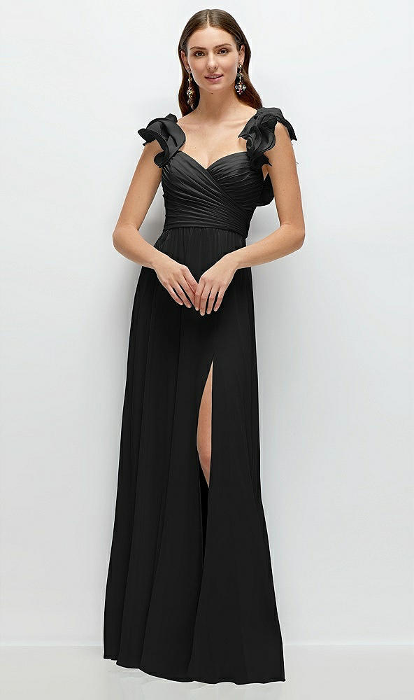 Front View - Black Dramatic Ruffle Edge Strap Chiffon Maxi Dress