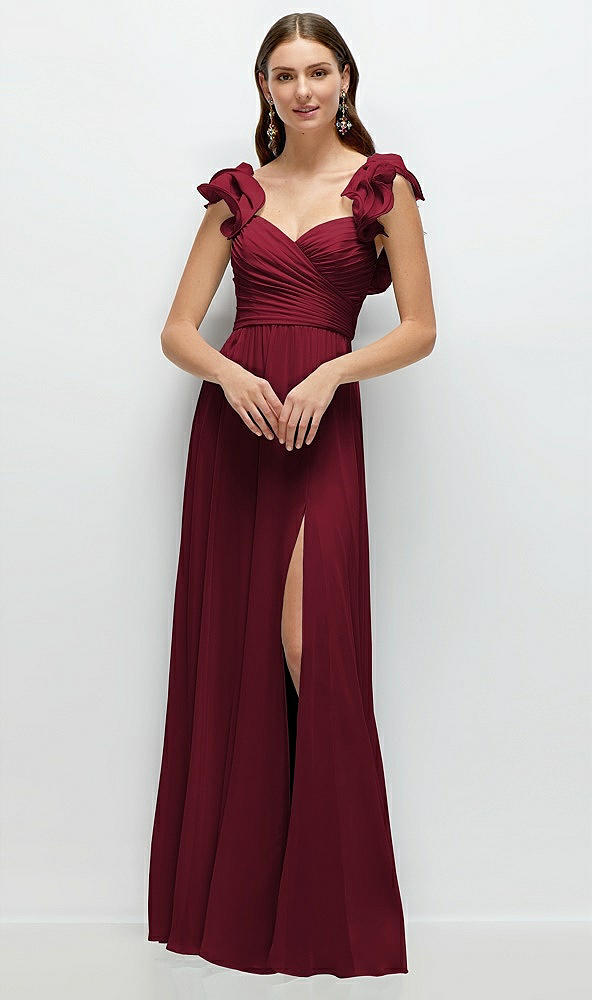 Front View - Burgundy Dramatic Ruffle Edge Strap Chiffon Maxi Dress