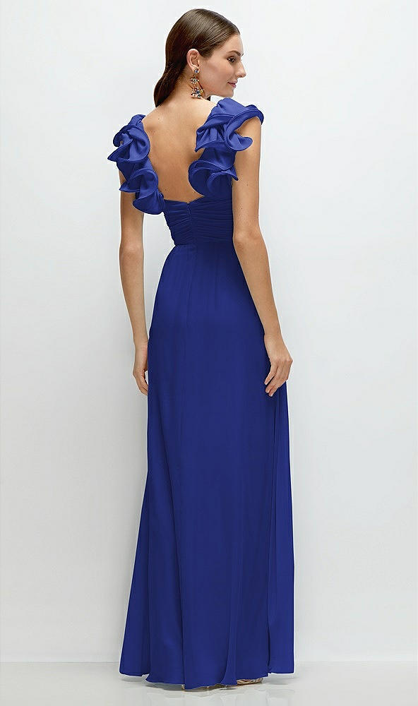 Back View - Cobalt Blue Dramatic Ruffle Edge Strap Chiffon Maxi Dress