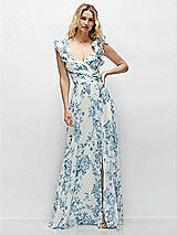 Front View Thumbnail - Cottage Rose Dusk Blue Dramatic Ruffle Edge Strap Chiffon Maxi Dress