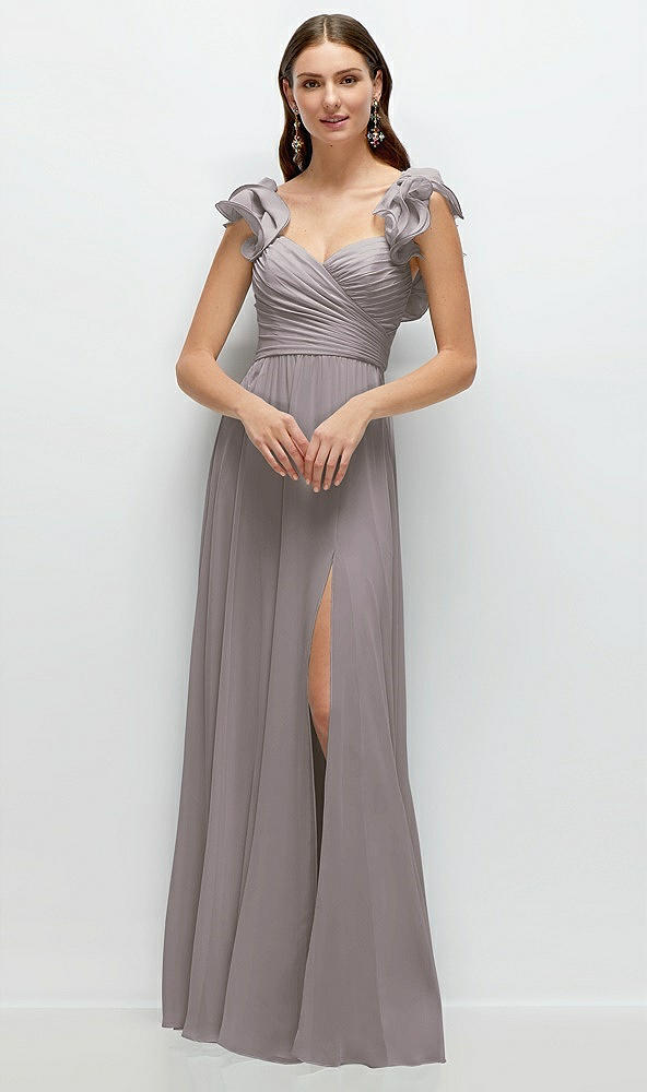 Front View - Cashmere Gray Dramatic Ruffle Edge Strap Chiffon Maxi Dress