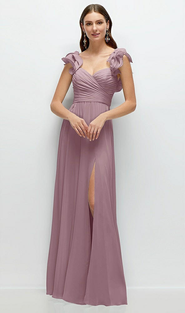 Front View - Dusty Rose Dramatic Ruffle Edge Strap Chiffon Maxi Dress