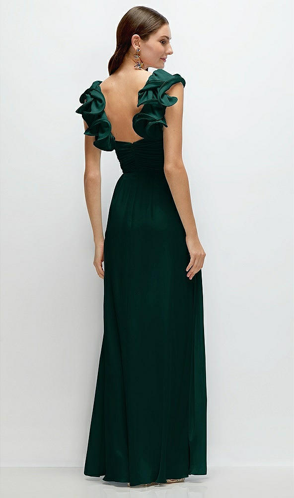 Back View - Evergreen Dramatic Ruffle Edge Strap Chiffon Maxi Dress