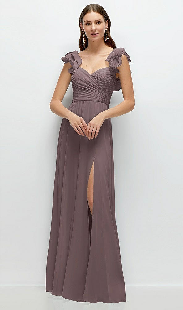 Front View - French Truffle Dramatic Ruffle Edge Strap Chiffon Maxi Dress