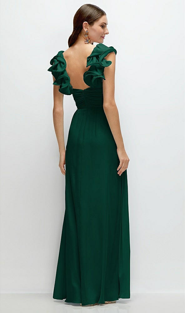 Back View - Hunter Green Dramatic Ruffle Edge Strap Chiffon Maxi Dress