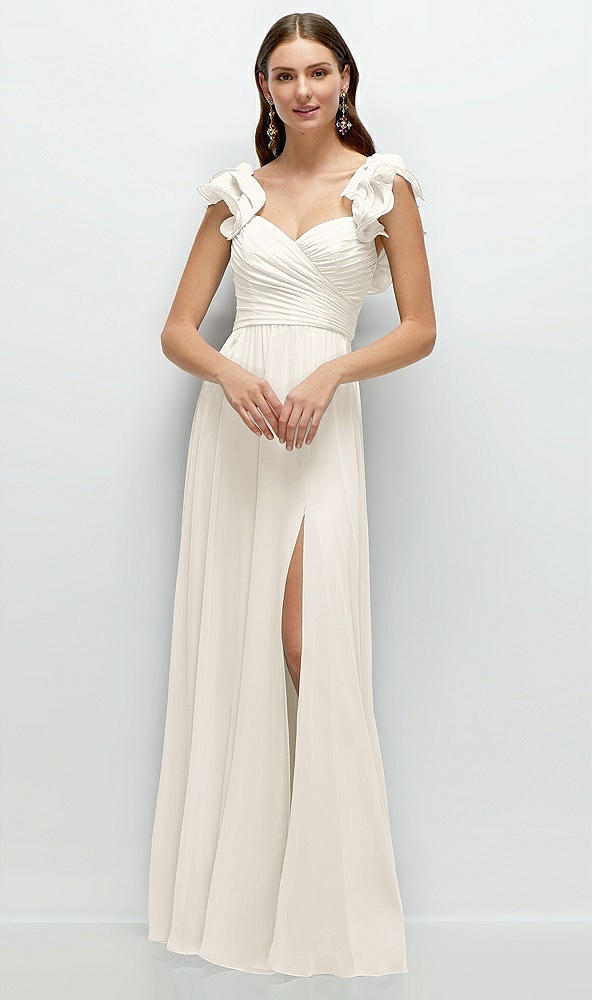 Front View - Ivory Dramatic Ruffle Edge Strap Chiffon Maxi Dress