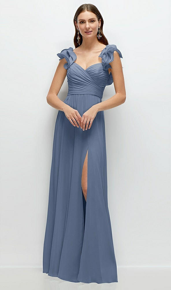 Front View - Larkspur Blue Dramatic Ruffle Edge Strap Chiffon Maxi Dress