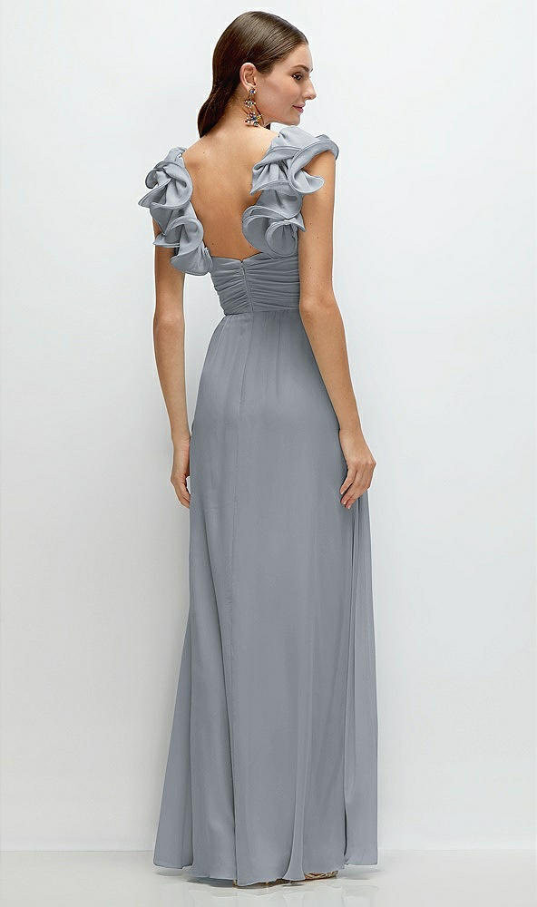 Back View - Platinum Dramatic Ruffle Edge Strap Chiffon Maxi Dress