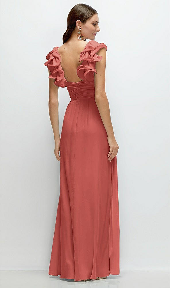 Back View - Coral Pink Dramatic Ruffle Edge Strap Chiffon Maxi Dress