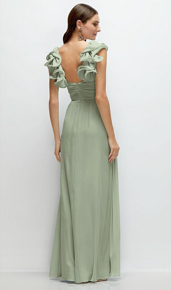 Back View - Sage Dramatic Ruffle Edge Strap Chiffon Maxi Dress