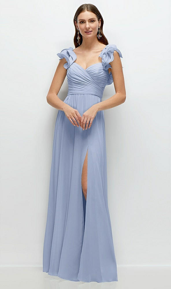 Front View - Sky Blue Dramatic Ruffle Edge Strap Chiffon Maxi Dress