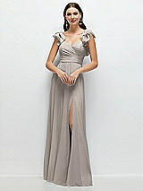 Front View Thumbnail - Taupe Dramatic Ruffle Edge Strap Chiffon Maxi Dress