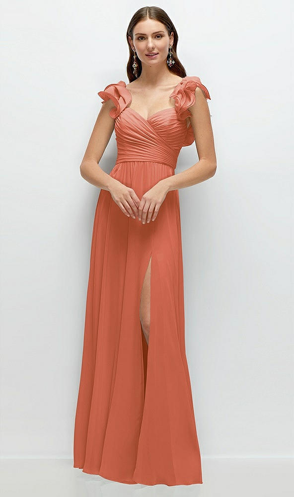 Front View - Terracotta Copper Dramatic Ruffle Edge Strap Chiffon Maxi Dress